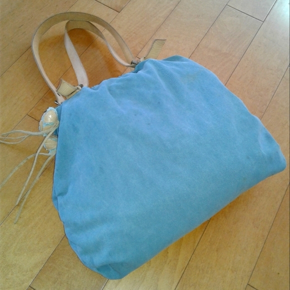 miu miu shoulder bag flower motif blue denim canvas tan leather tote hand-bag - Picture 3 of 11